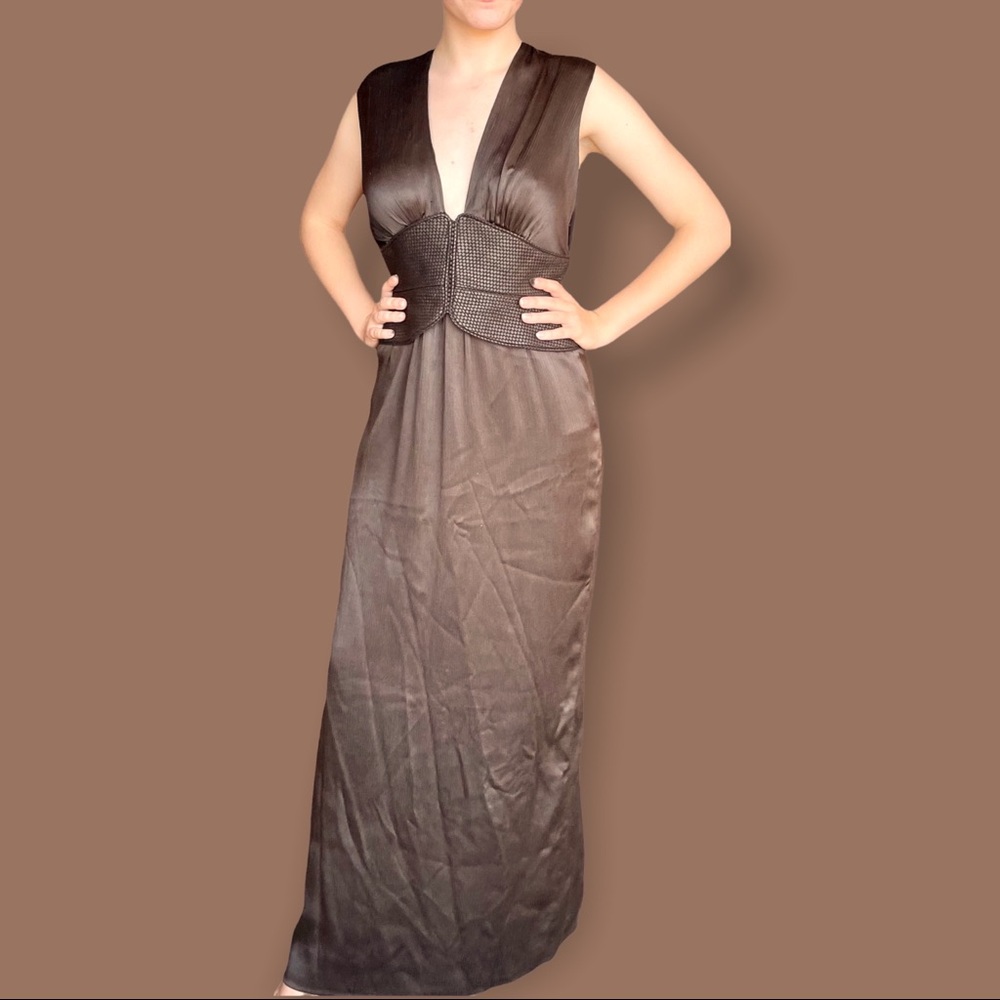 Brown Zac Posen evening gown.